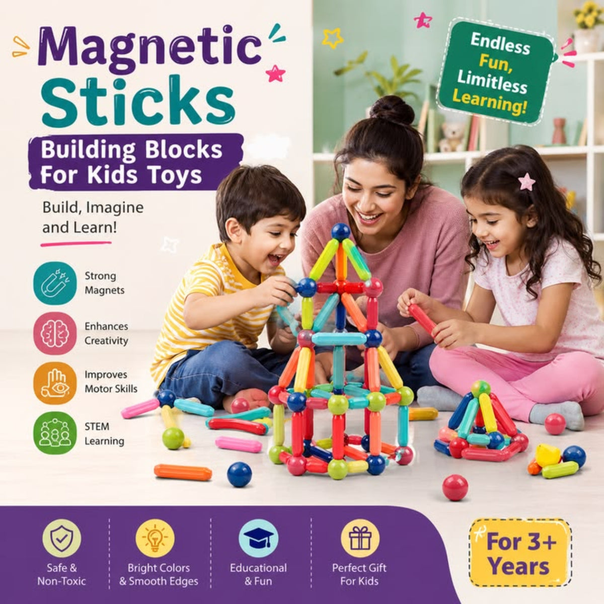 Magnet Bar Blocks | 36 Pcs Magnetic Sticks & Balls Building Toy