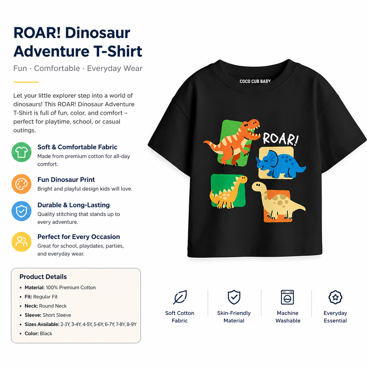 Kids ROAR! Dinosaur Adventure Cotton T-Shirt | Soft Premium Graphic Tee | Coco Cub Baby