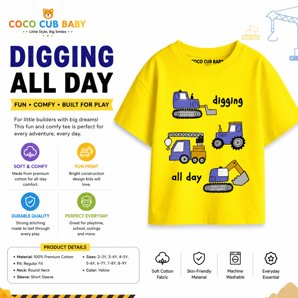 Kids Digging All Day Construction Vehicle T-Shirt | Premium Cotton Graphic Tee | Coco Cub Baby