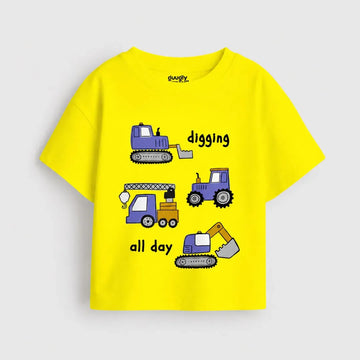 Kids Digging All Day Construction Vehicle T-Shirt | Premium Cotton Graphic Tee | Coco Cub Baby