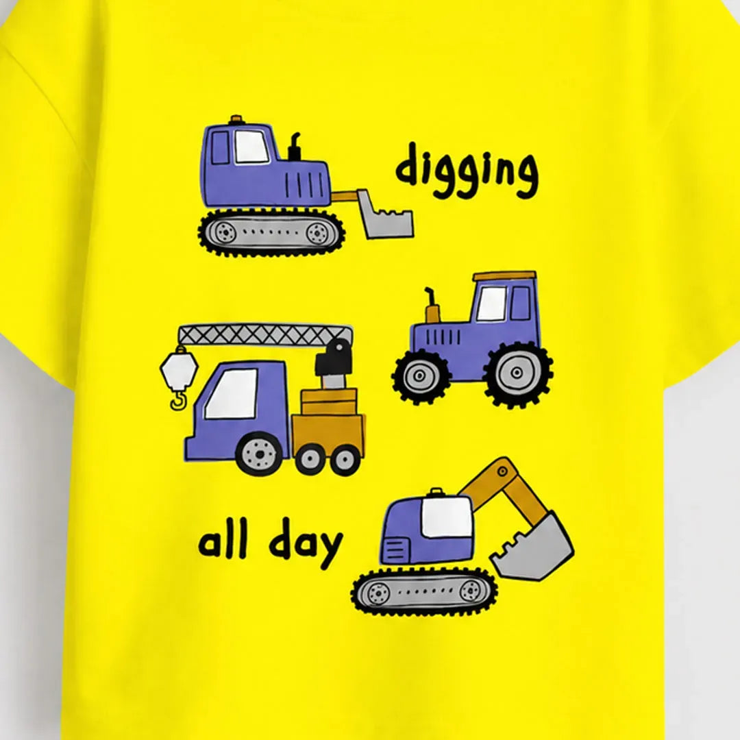 Kids Digging All Day Construction Vehicle T-Shirt | Premium Cotton Graphic Tee | Coco Cub Baby